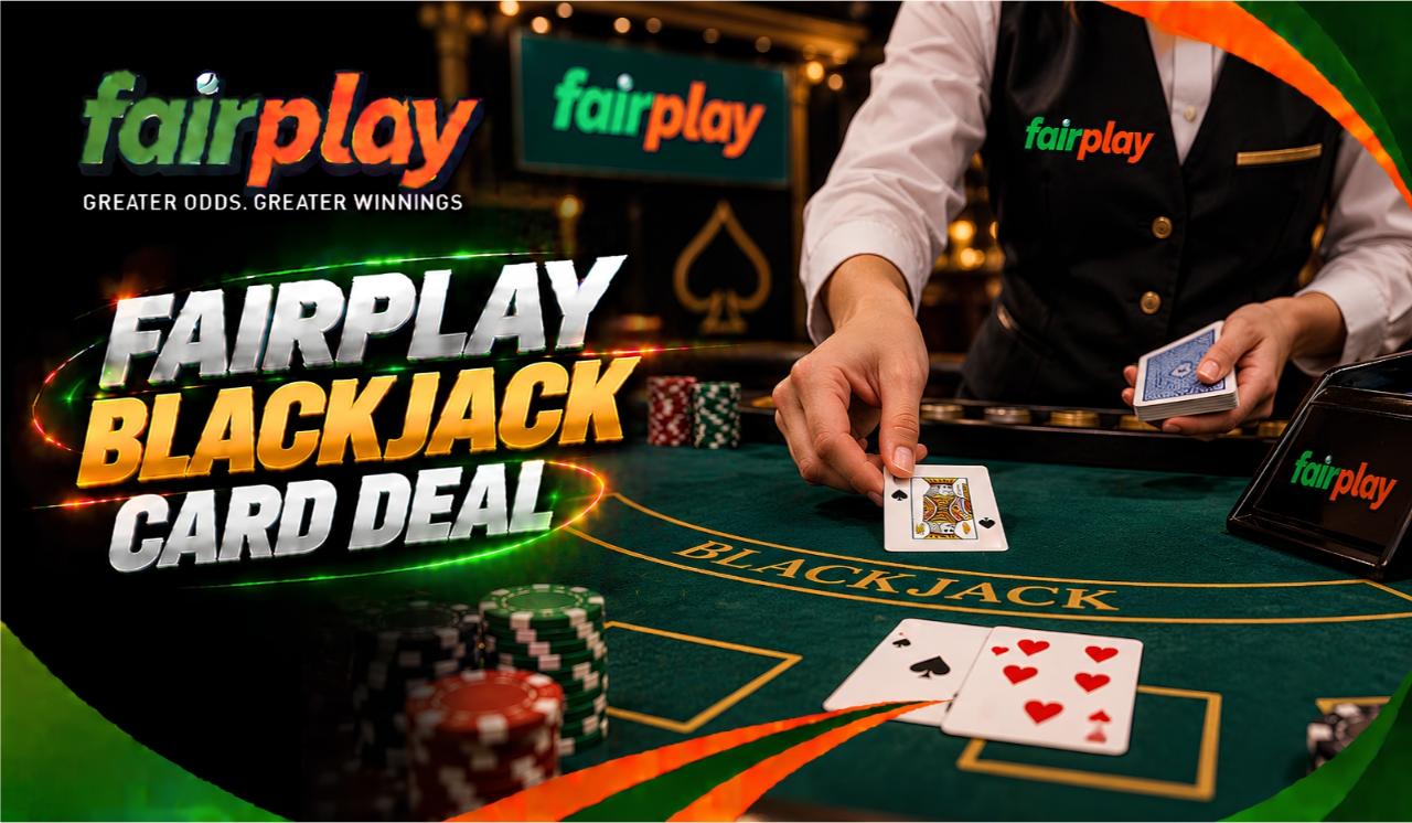 FairPlay Blackjack Card Deal: Dealer's upcard face up beside a player's two cards on a blackjack table