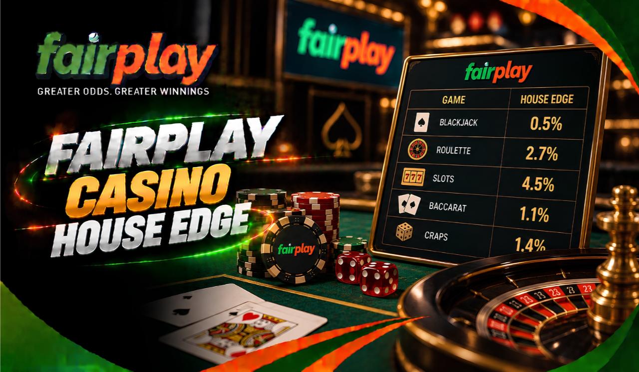 FairPlay Casino House Edge: Chips stacked beside cards on a green baize casino table