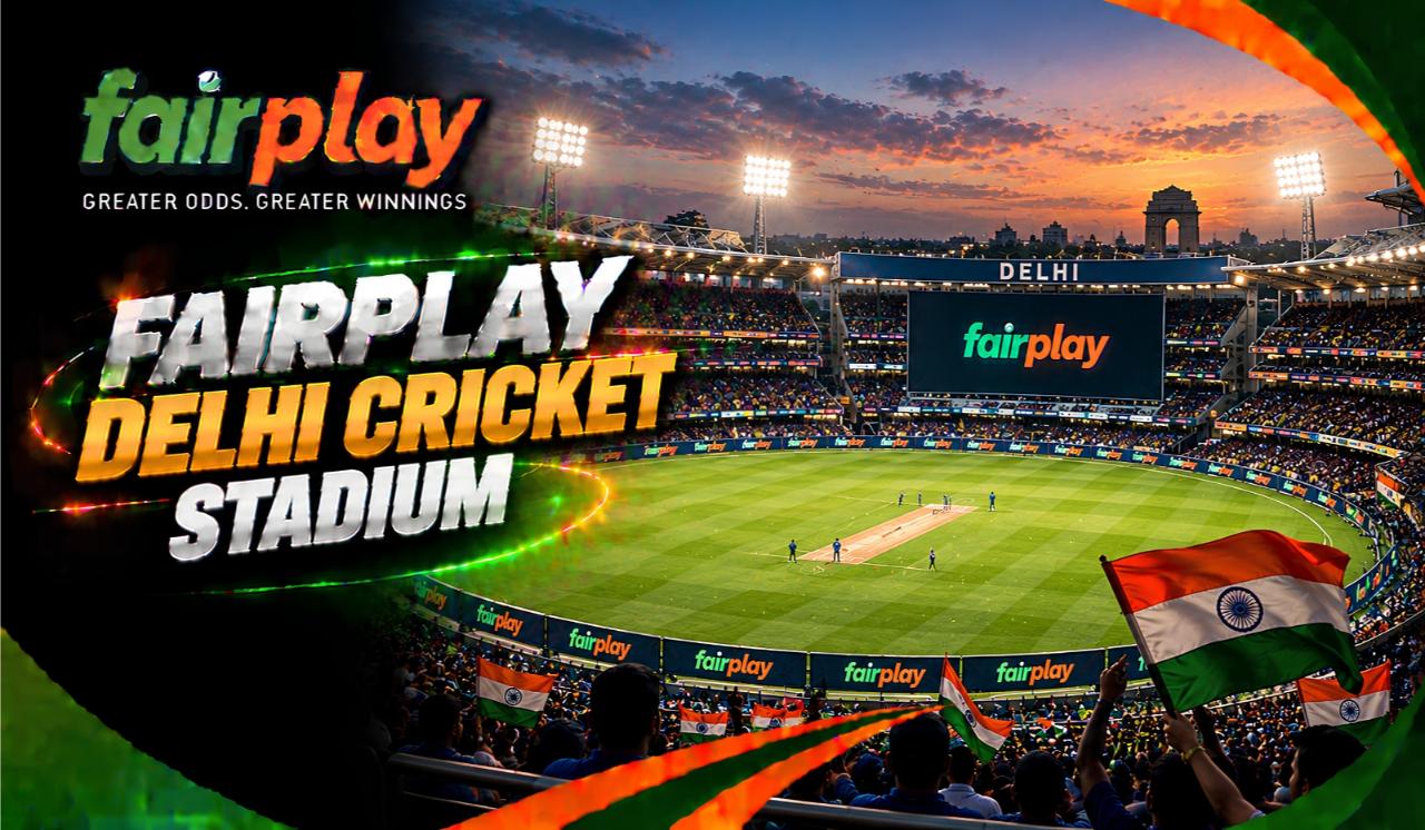 FairPlay Delhi Cricket Stadium: Cricket stadium in Delhi under lights on a winter evening